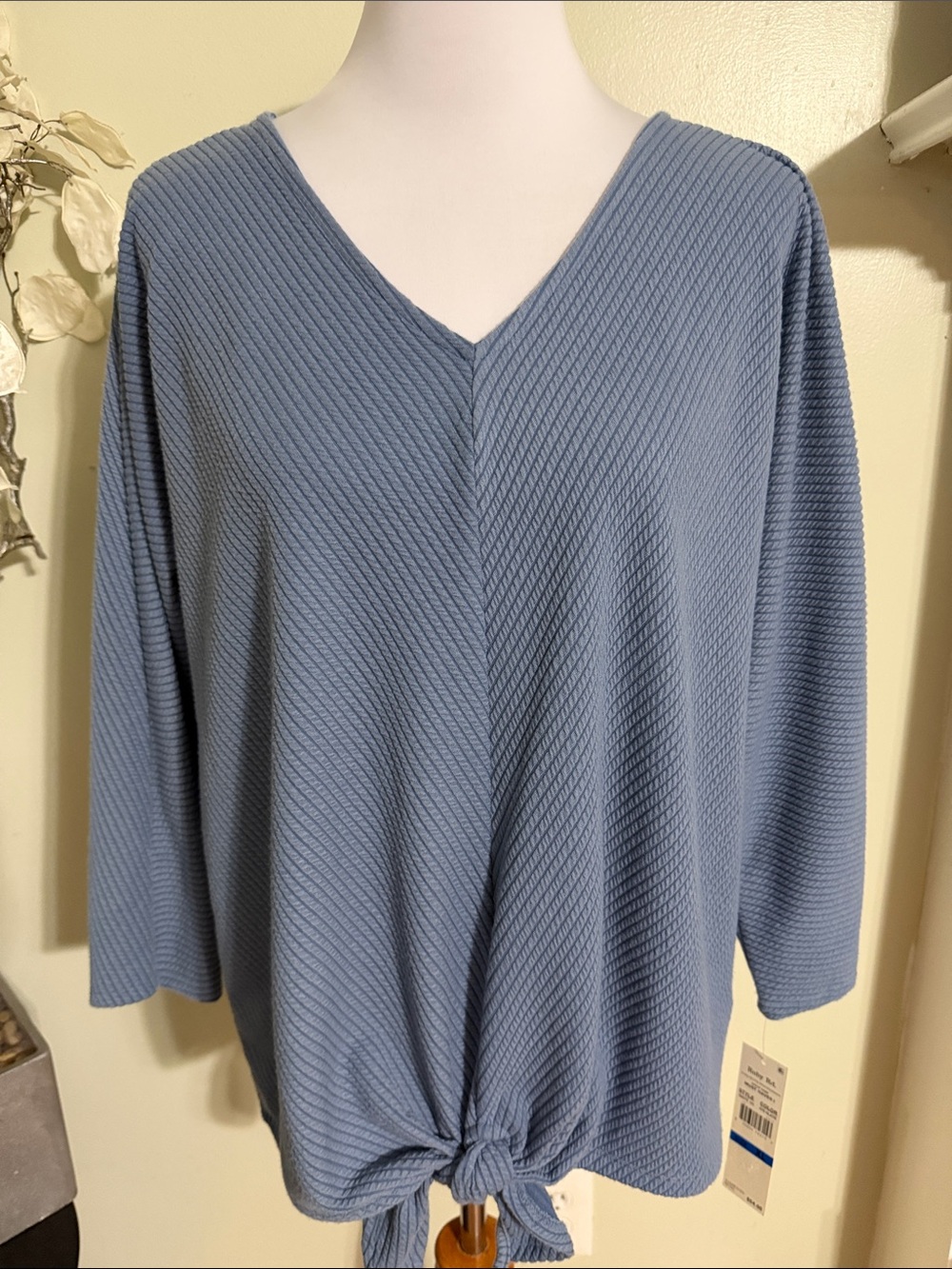 Ruby Rd Slate Blue Textured V-Neck Knot Front Top - Picture 2 of 5